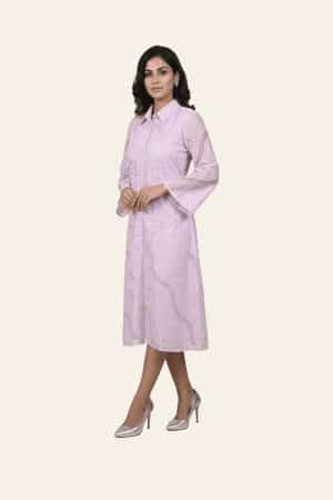Lavender embroidered shirt-style dress, three-quarter front view