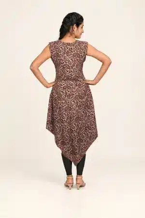 Maroon paisley Ajrakh hand-block print tunic, back view styled with black leggings