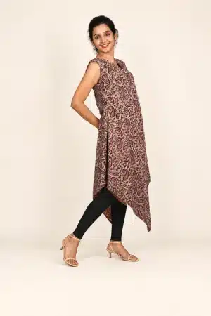 Maroon paisley Ajrakh hand-block print tunic, alternate side view styled with black leggings