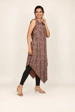 Maroon paisley Ajrakh hand-block print tunic, side view styled with black leggings