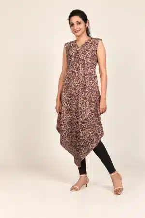 Maroon paisley Ajrakh hand-block print tunic, front view styled with black leggings