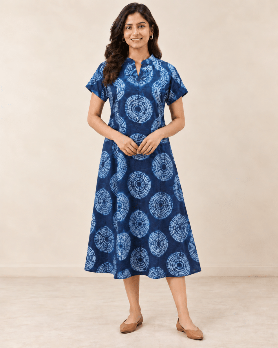 Navy Shibori Dabu Hand-Dyed A-Line Dress