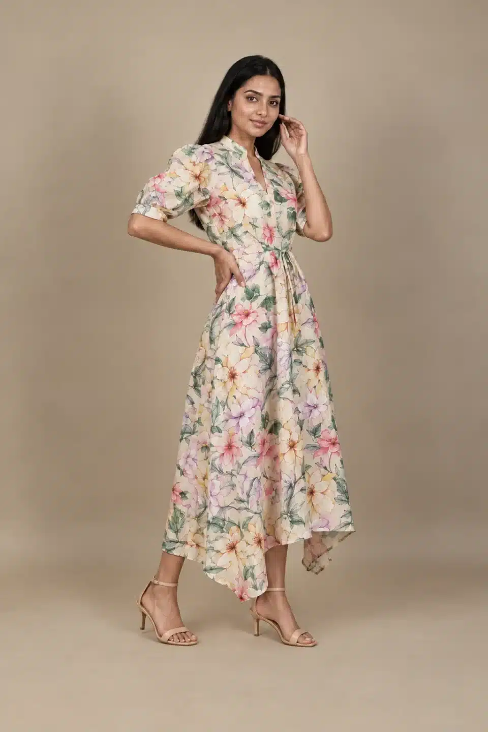 Pastel Floral High Low Dress in beige with multicolour flowers, three-quarter view with hand at waist.