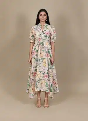 Pastel Floral High Low Dress in beige with multicolour flowers, front view with open button neckline.